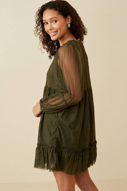Alpine Womens Cinched Puff Sleeve Tiered Mesh Dress: Olive