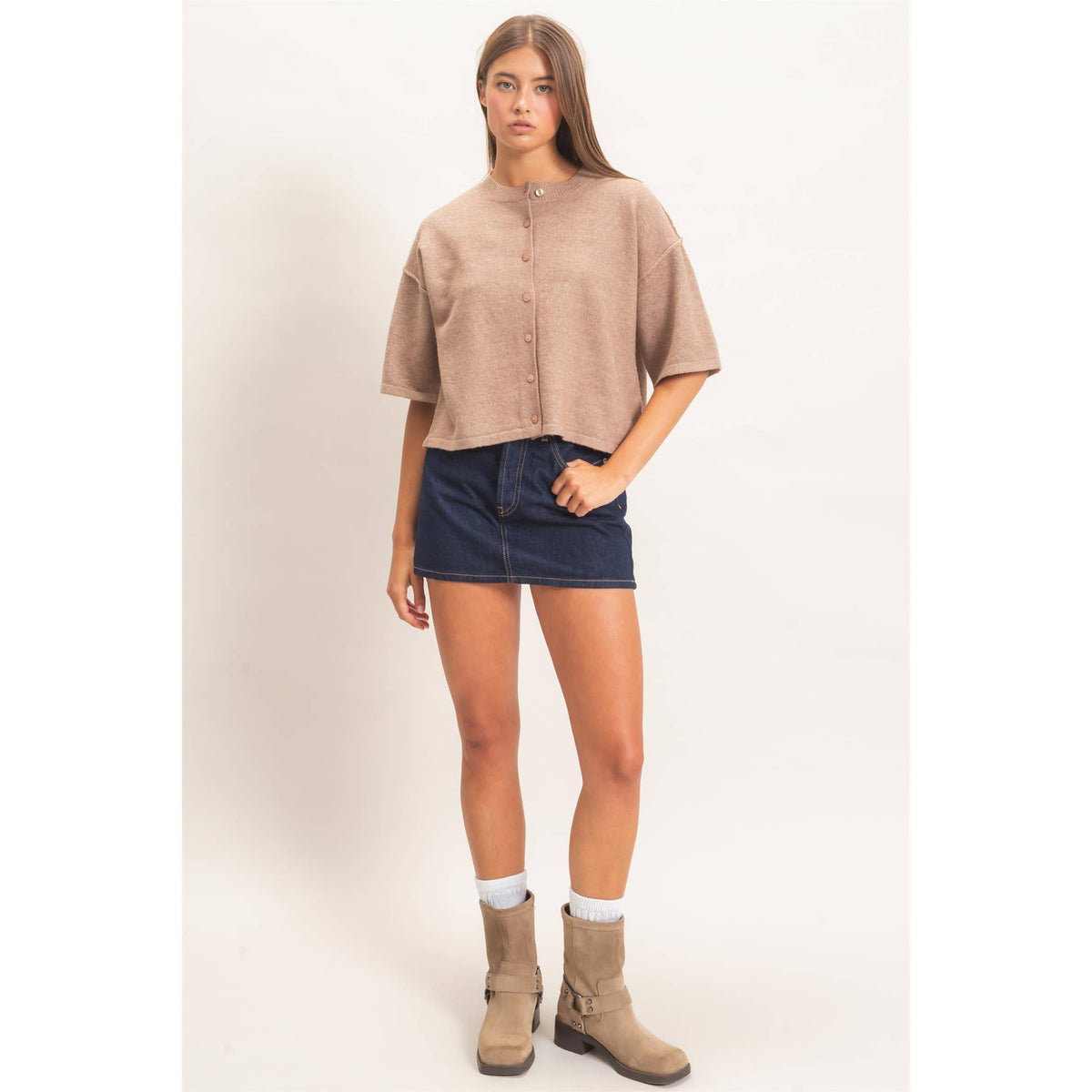Ada Short Sleeve Cardigan: Dark Taupe