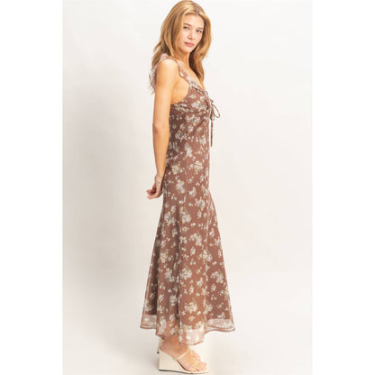 Sadie Floral Ruffle Strap Midi Dress: BROWN