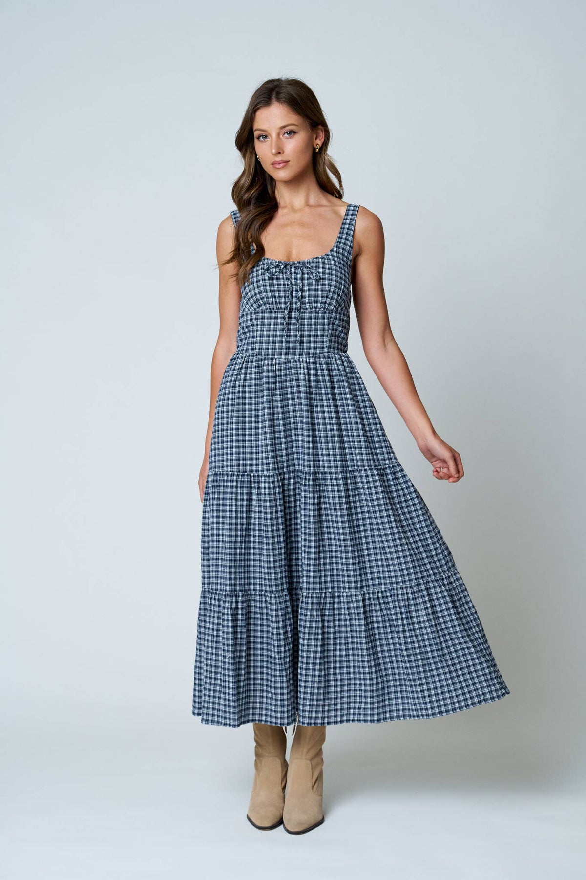 Clara Plaid Scoop Neck Tie-Front Tiered Midi Dress: Navy