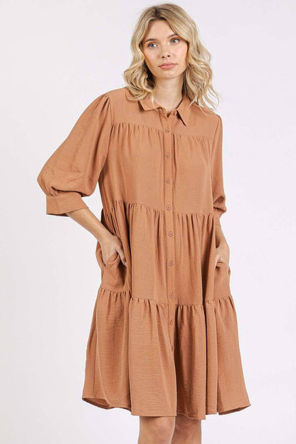 AIRFLOW RUFFLE TIER BUTTONED MINI SHIRT DRESS: SAGE / S-M-L(2-2-2)