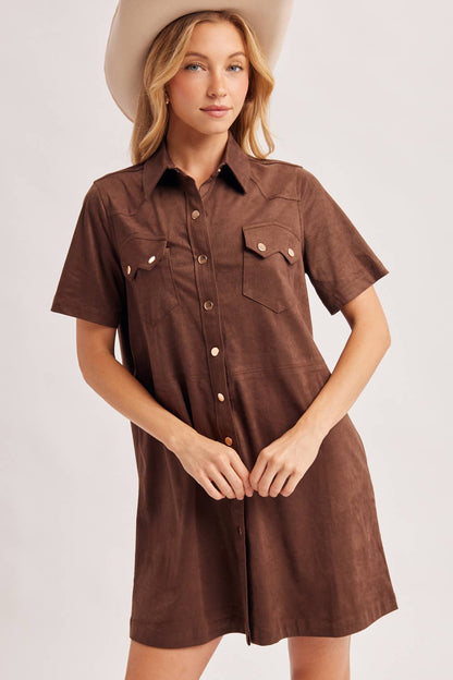 Cheyenne Collared Short Sleeve Faux Suede Mini Shirt Dress: Chocolate