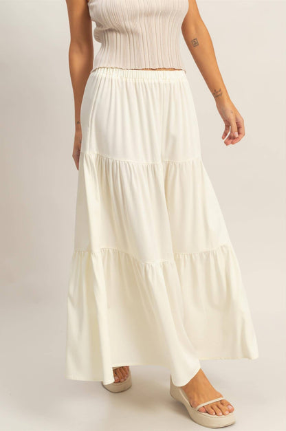 Arden Elastic Waist 3-Tier Skirt: OFF WHITE