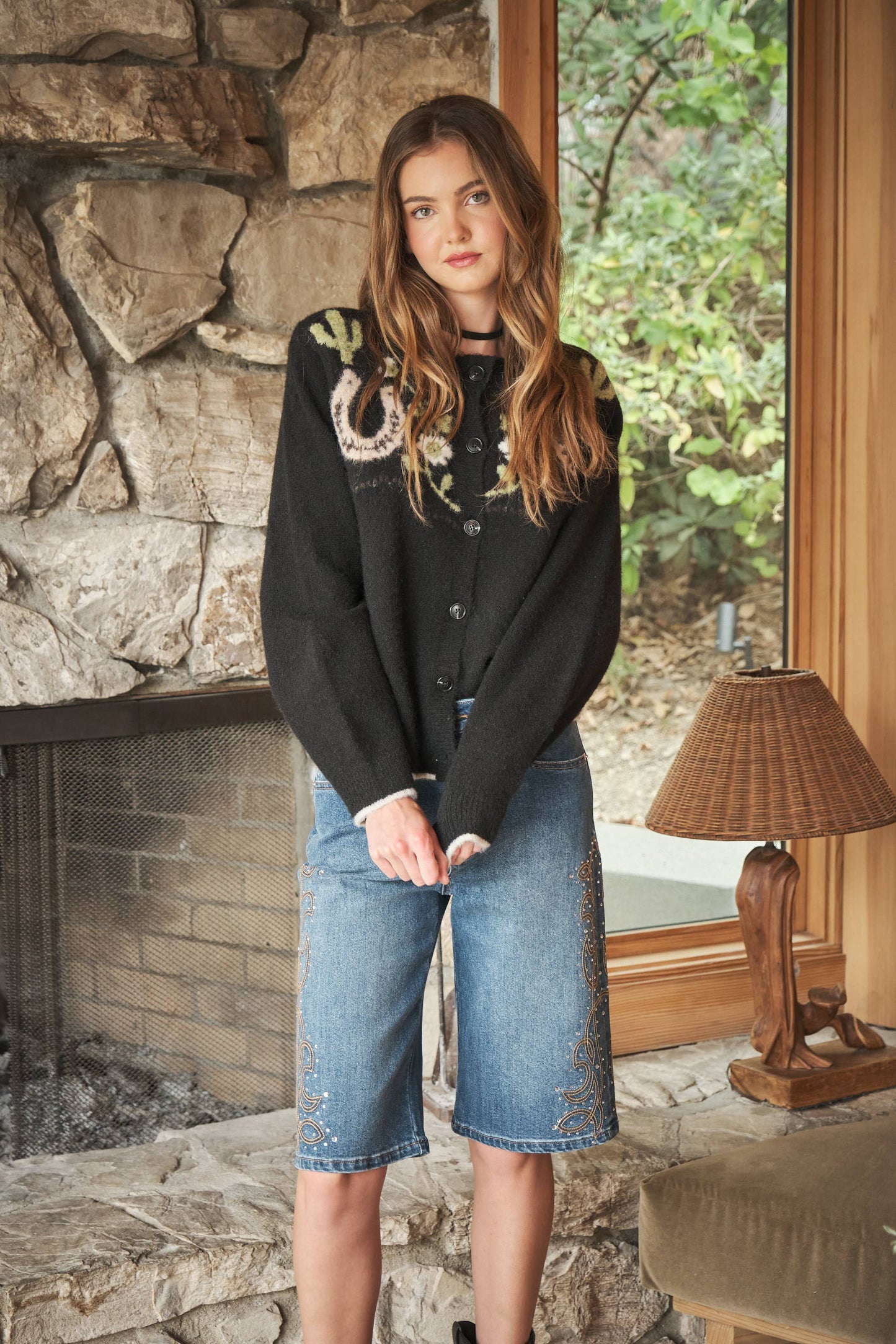 Cactus Cutie Western Graphic Sweater Cardigan: CHARCOAL