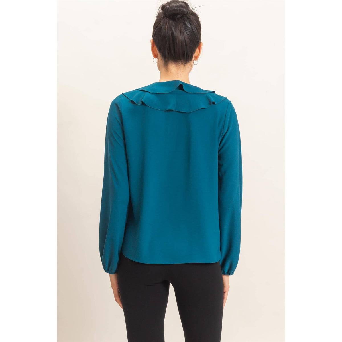 Ruffled V-Neck Button-Up Blouse: TEAL / S-M-L(2-2-2)