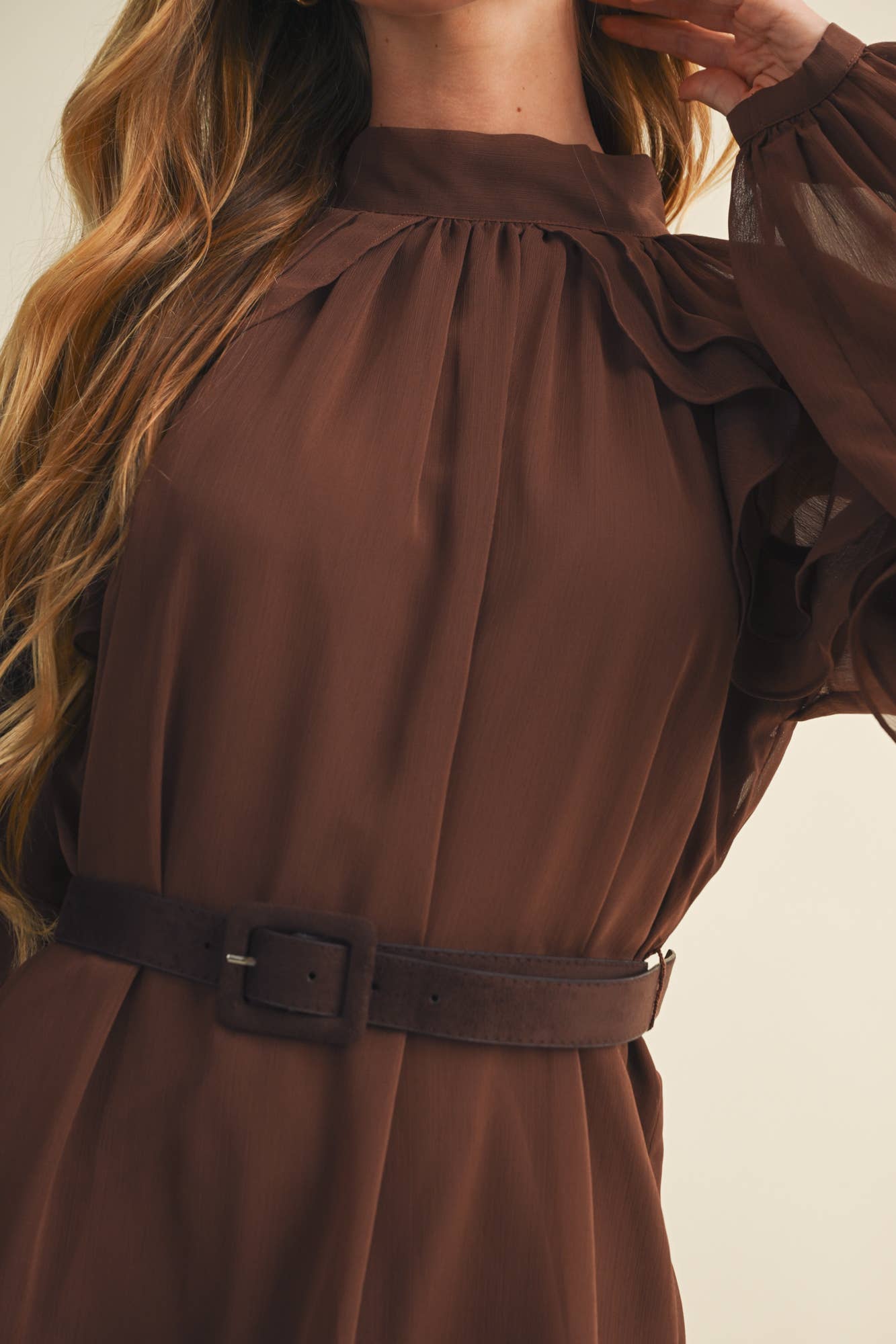 Bishop Mock-Neck Tiered Dress: Dark Mocha Brown