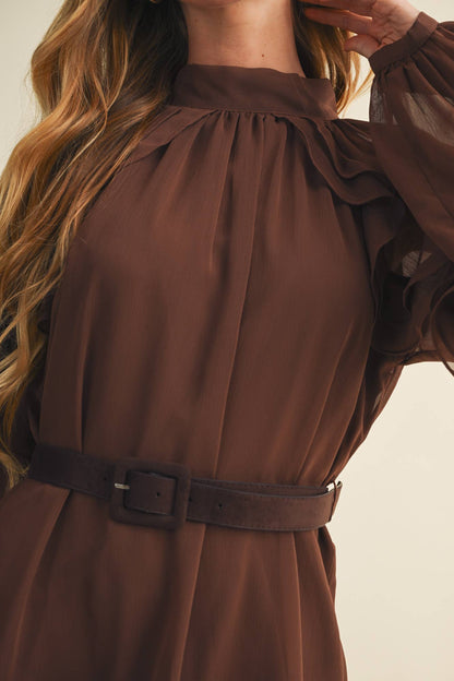 Bishop Mock-Neck Tiered Dress: Dark Mocha Brown