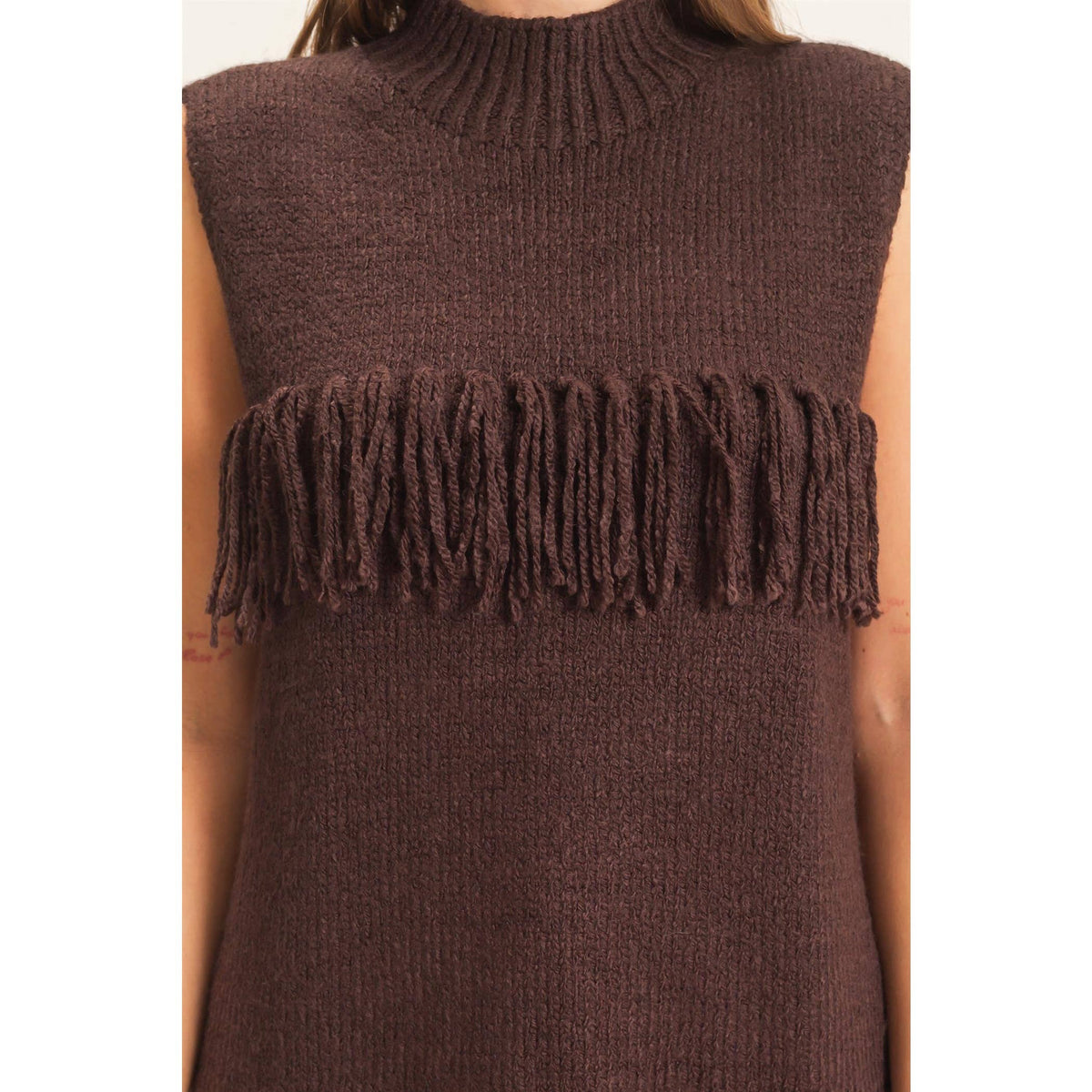 Fringe Turtleneck Sweater Vest: BROWN / S-M-L(2-2-2)