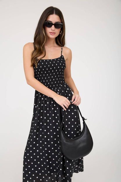 Ethel Polka Dot Smocked Basque Waist Midi Dress: Black