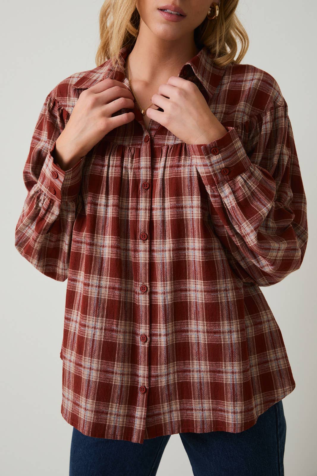 Maren Balloon Sleeve Button Up Plaid Flannel Shirt: Rust - multi Plaid