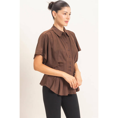 Suede Button-Down Blouse: CAMEL / S-M-L(2-2-2)