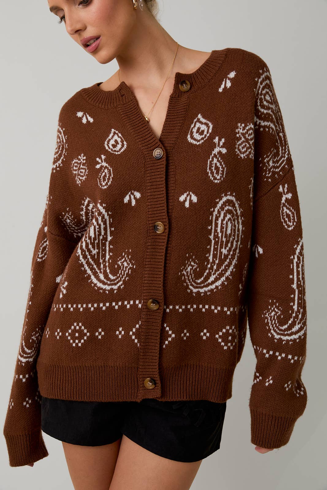 Amber Ling Sleeve Paisley Cardigan: Brown