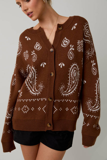 Amber Ling Sleeve Paisley Cardigan: Brown