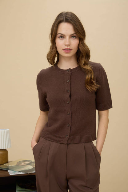 Allison Short Sleeve Knit Cardigan Top: Brown