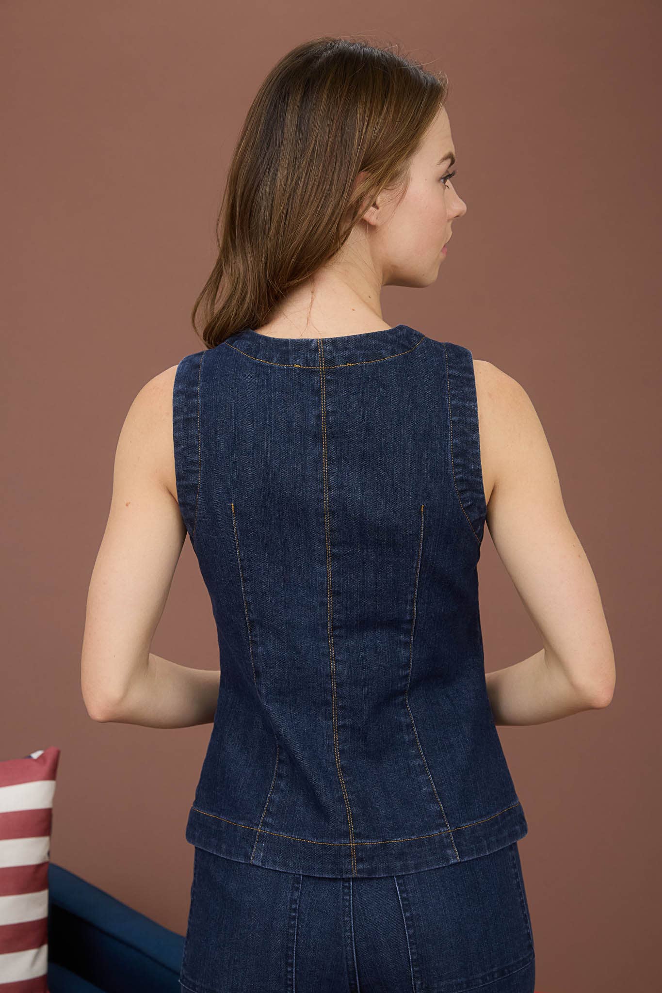 Sloane Round Neck Button Down Sleeveless Denim Vest