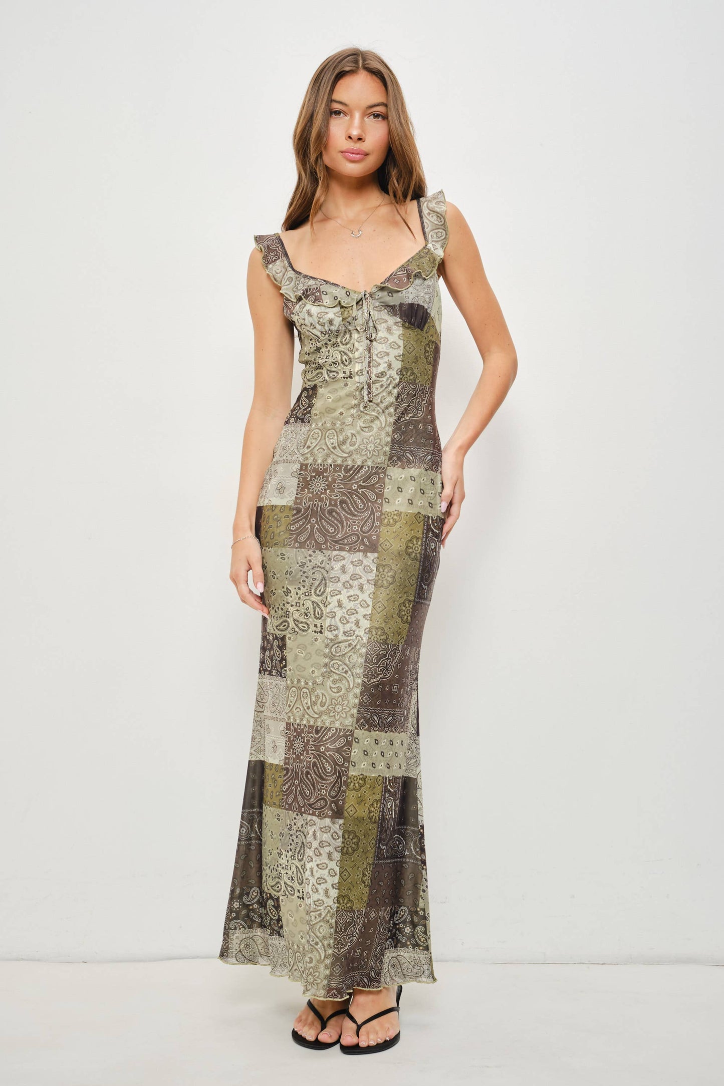 IMANI PAISLEY MIDI DRESS: Olive-Brown