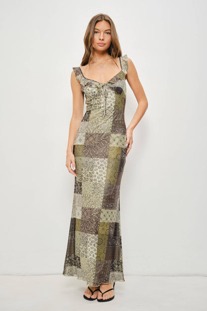 IMANI PAISLEY MIDI DRESS: Olive-Brown
