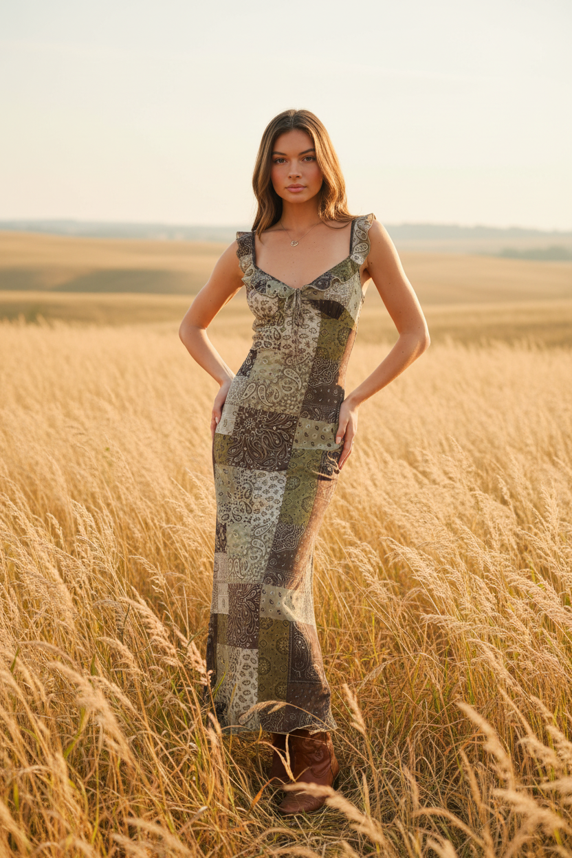 IMANI PAISLEY MIDI DRESS: Olive-Brown