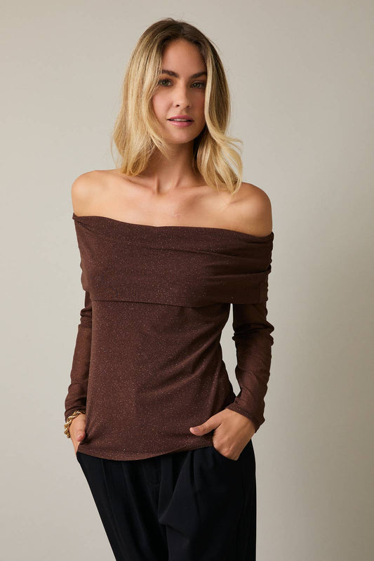 Grove Off Shoulder Long Sleeve Metallic Top: Brown