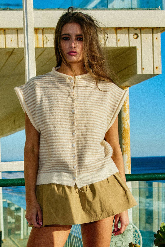 Saylor Button Front Soft Knit Stripe Cardigan: OATMEAL