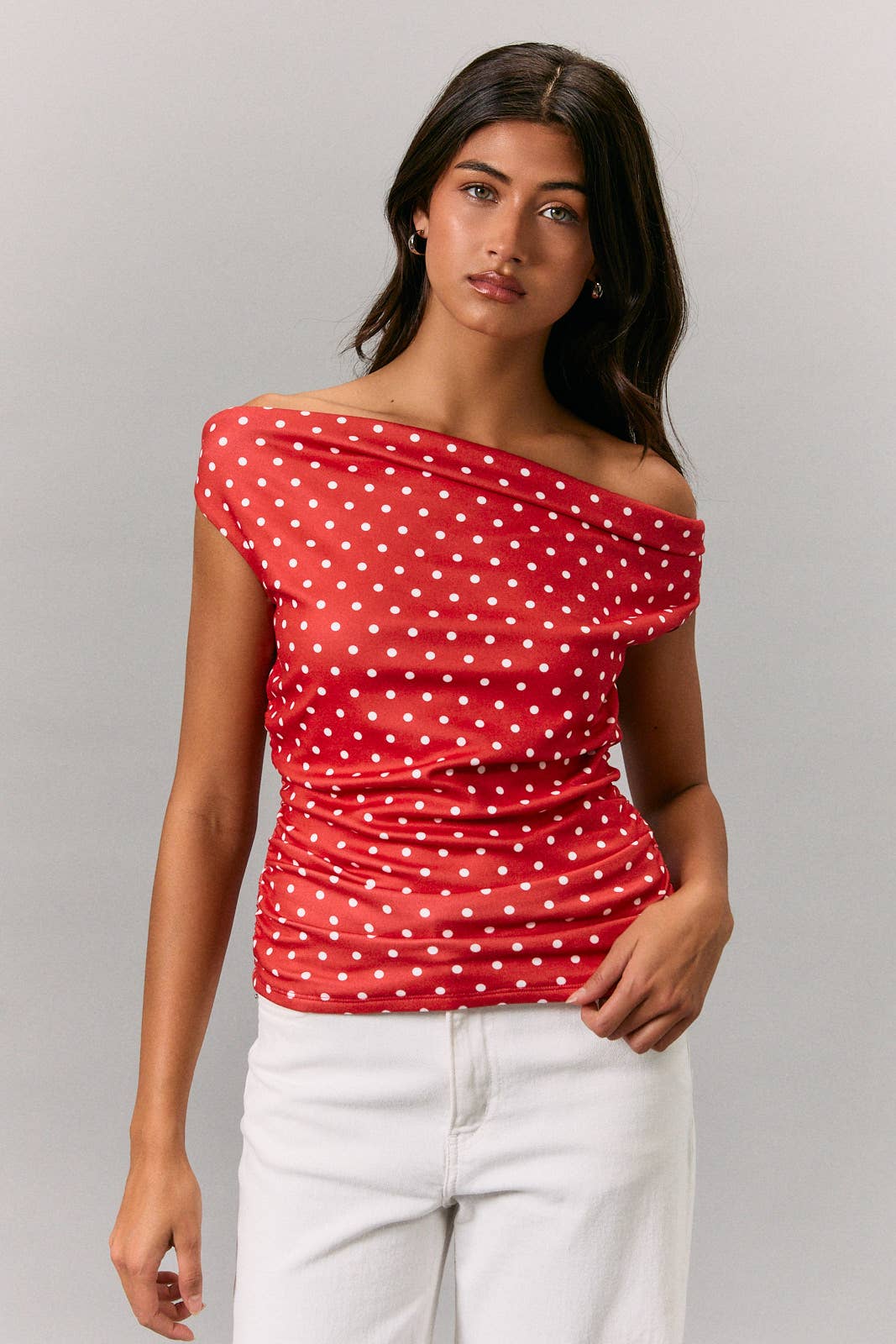 Luci Off Shoulder Top with Side Ruch: Red-White Polka Dot