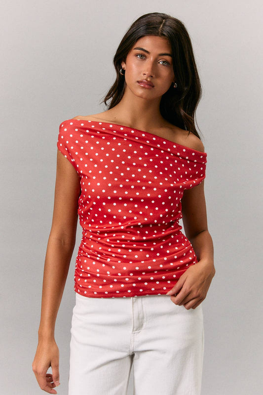 Luci Off Shoulder Top with Side Ruch: Red-White Polka Dot