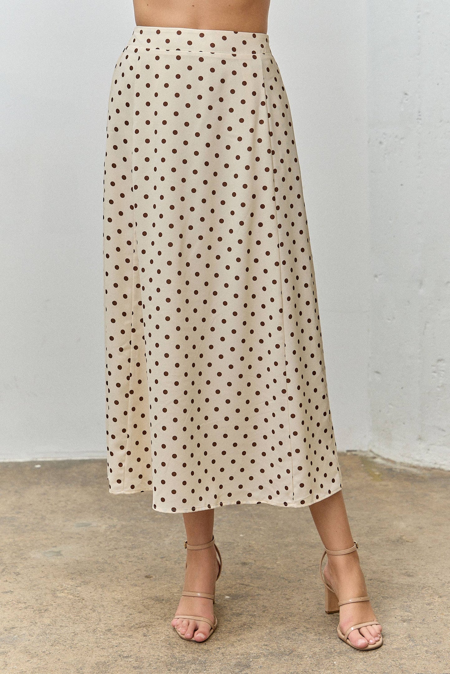 Chestnut Classic Polka Dot Flowing Midi Skirt: CREAM/BROWN