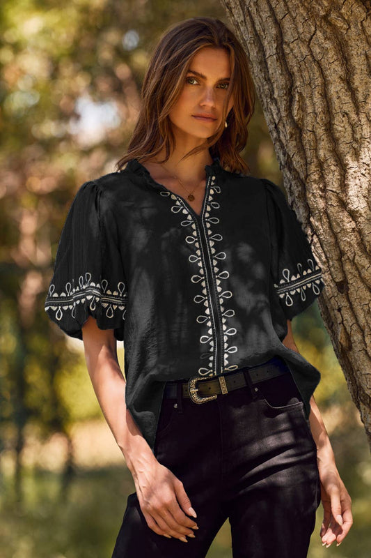 Trisha Solid Embroidered Short Bubble Sleeve Blouse: Black