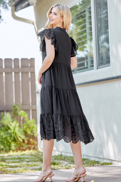 Cece Solid Lace Tiered Dress: Black / S-XL