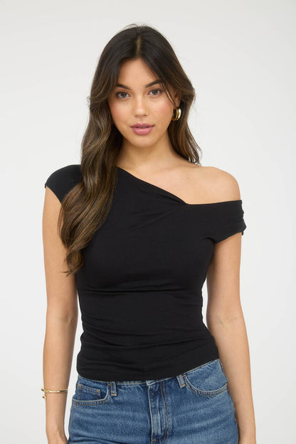 Hart Asymmetrical Wrap Neckline Knit Top: Black