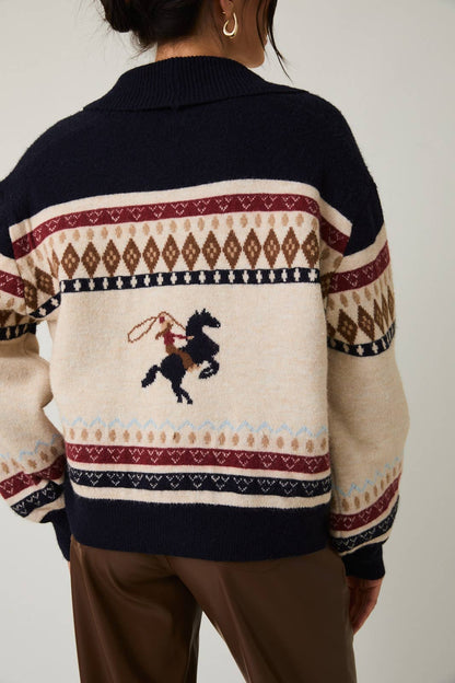 Gallop Horse Motif Button Up Oversized Sweater Cardigan: Cream