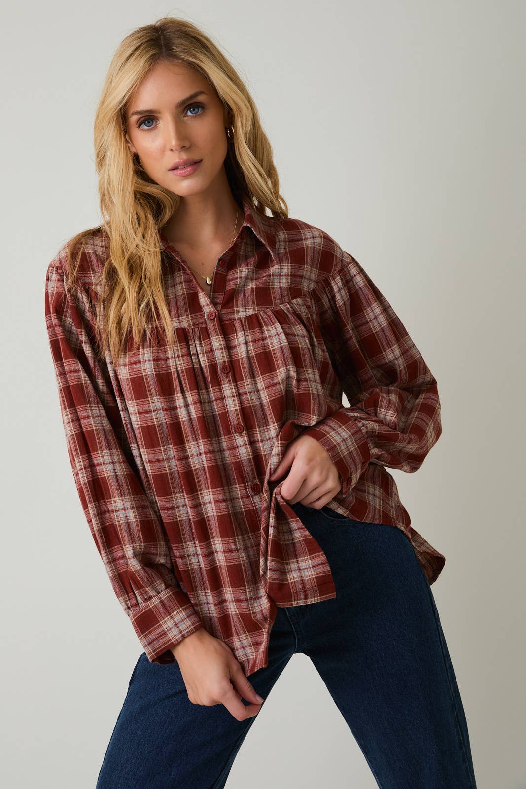 Maren Balloon Sleeve Button Up Plaid Flannel Shirt: Rust - multi Plaid