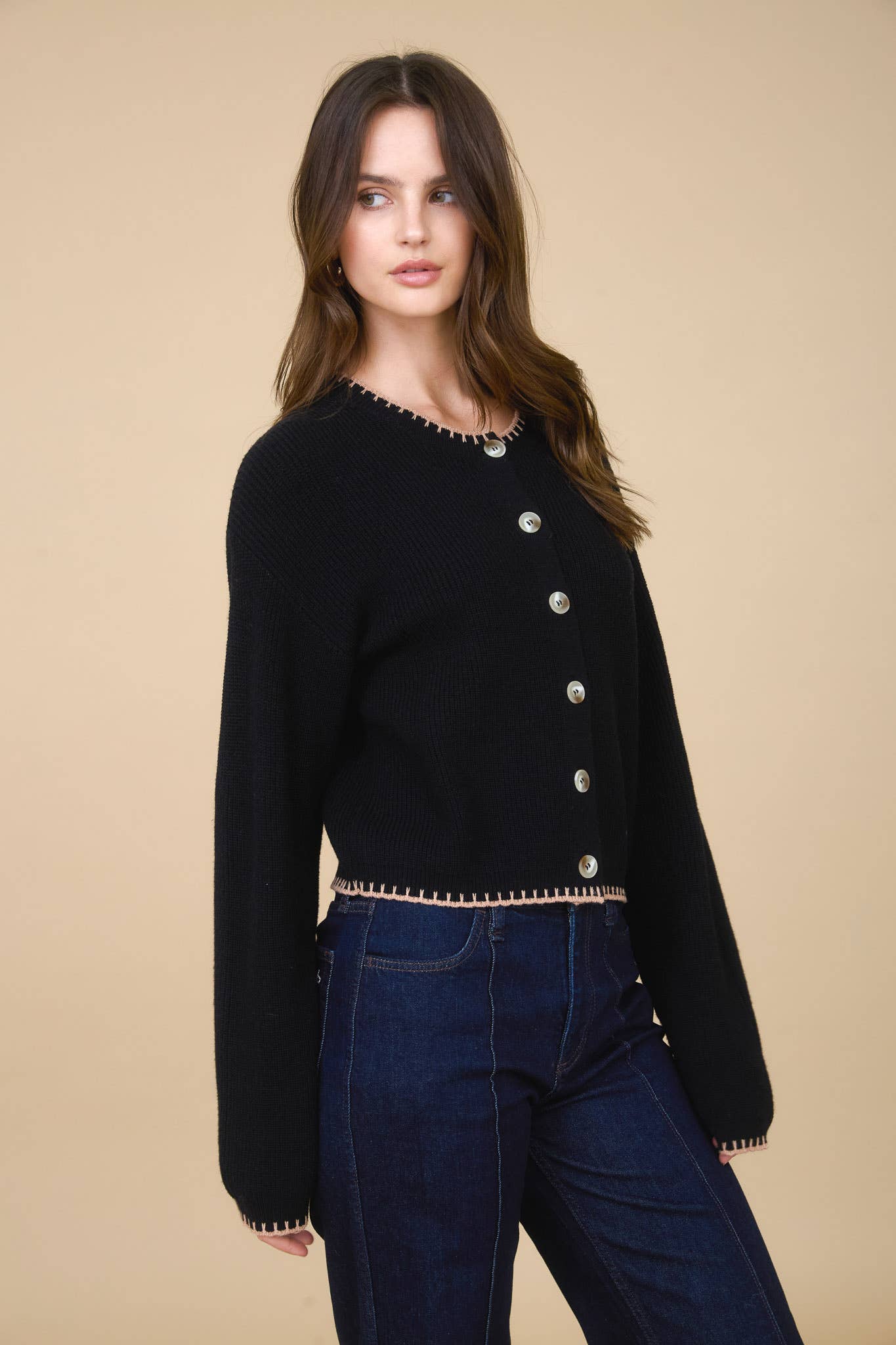 Julie Contrast Stitch Trim Button Down Knit Cardigan: Black