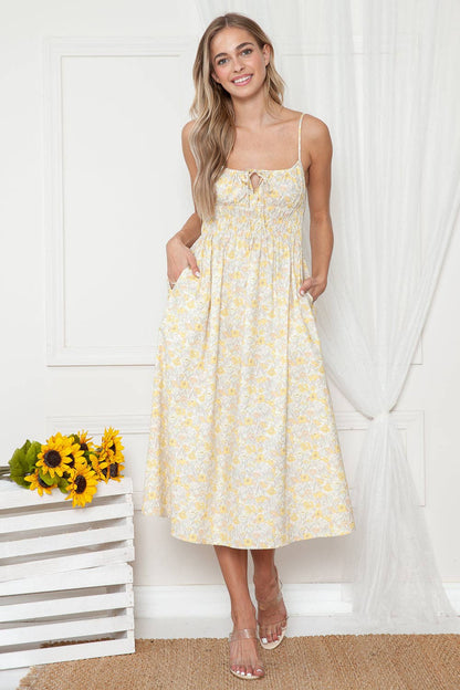 Yellow Poppies Print Olivia Sleeveless Midi Dress