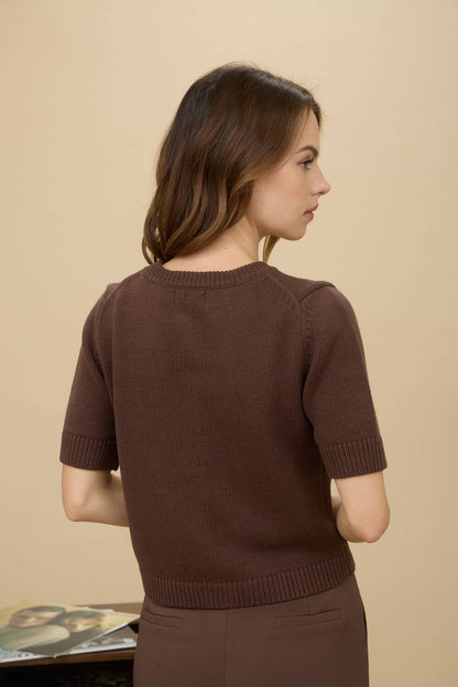 Allison Short Sleeve Knit Cardigan Top: Brown
