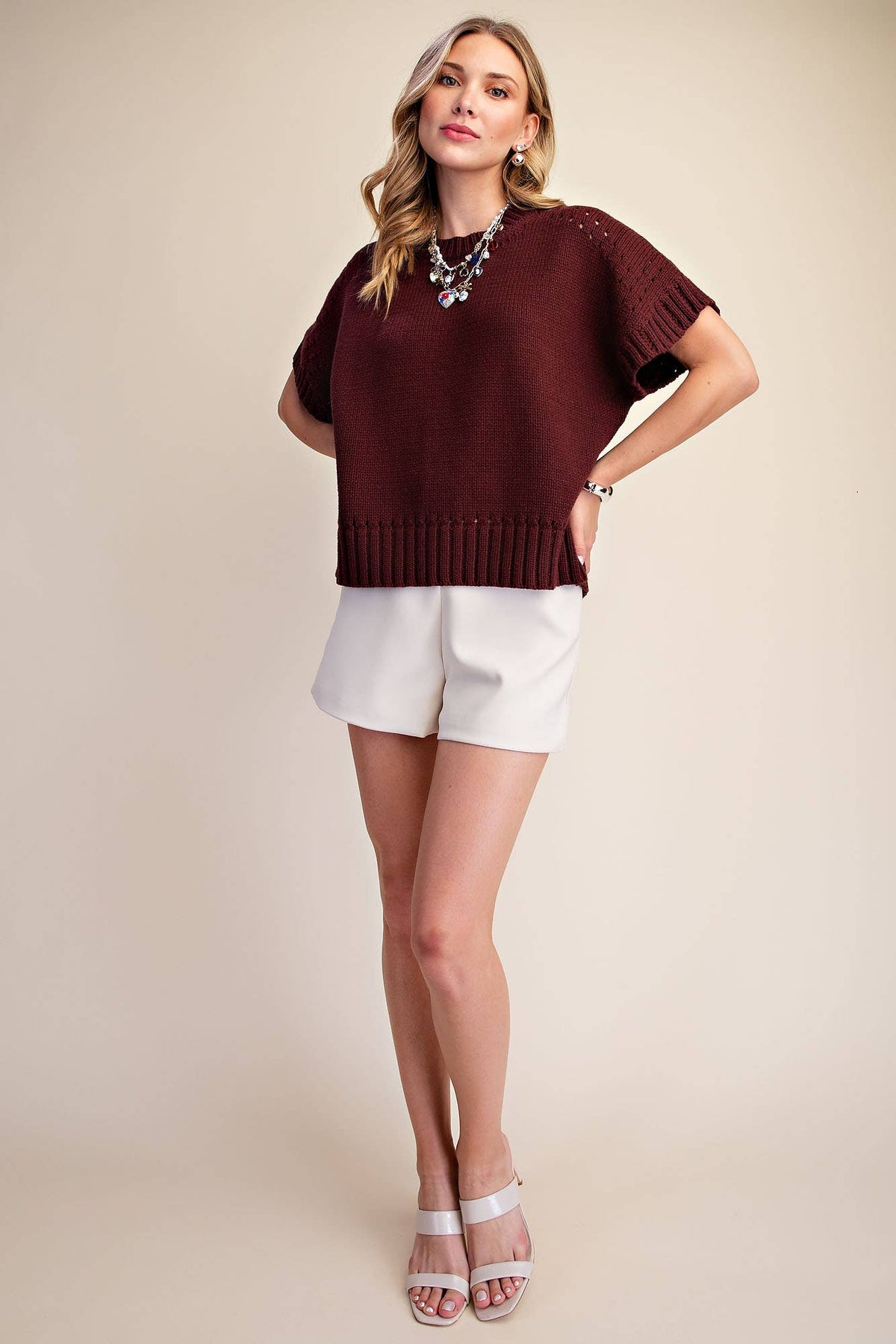 Della Short-Sleeve Eyelet Crew-Neck Sweater: Brown