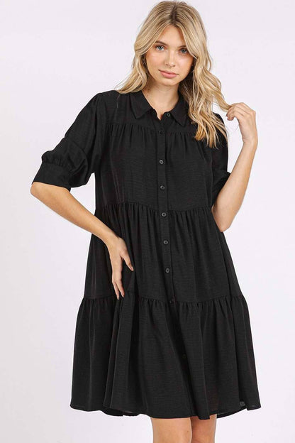 AIRFLOW RUFFLE TIER BUTTONED MINI SHIRT DRESS: SAGE / S-M-L(2-2-2)