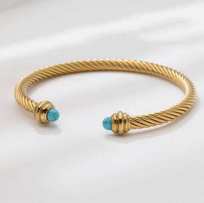 18K Gold PVD Stainless Turquoise Twisted Bangle Braclet: Gold