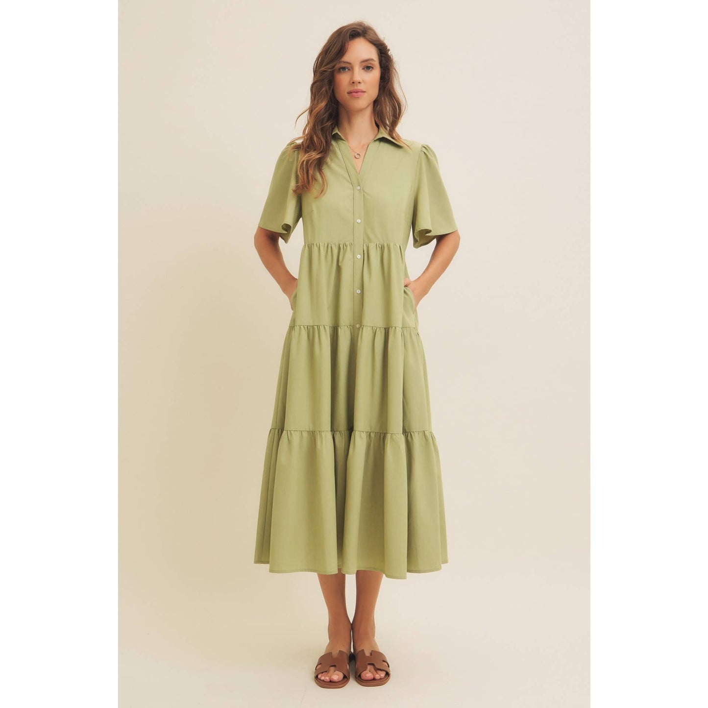 Savannah Flutter Sleeved Button-Down Shirt Midi Dress: Lt Olive
