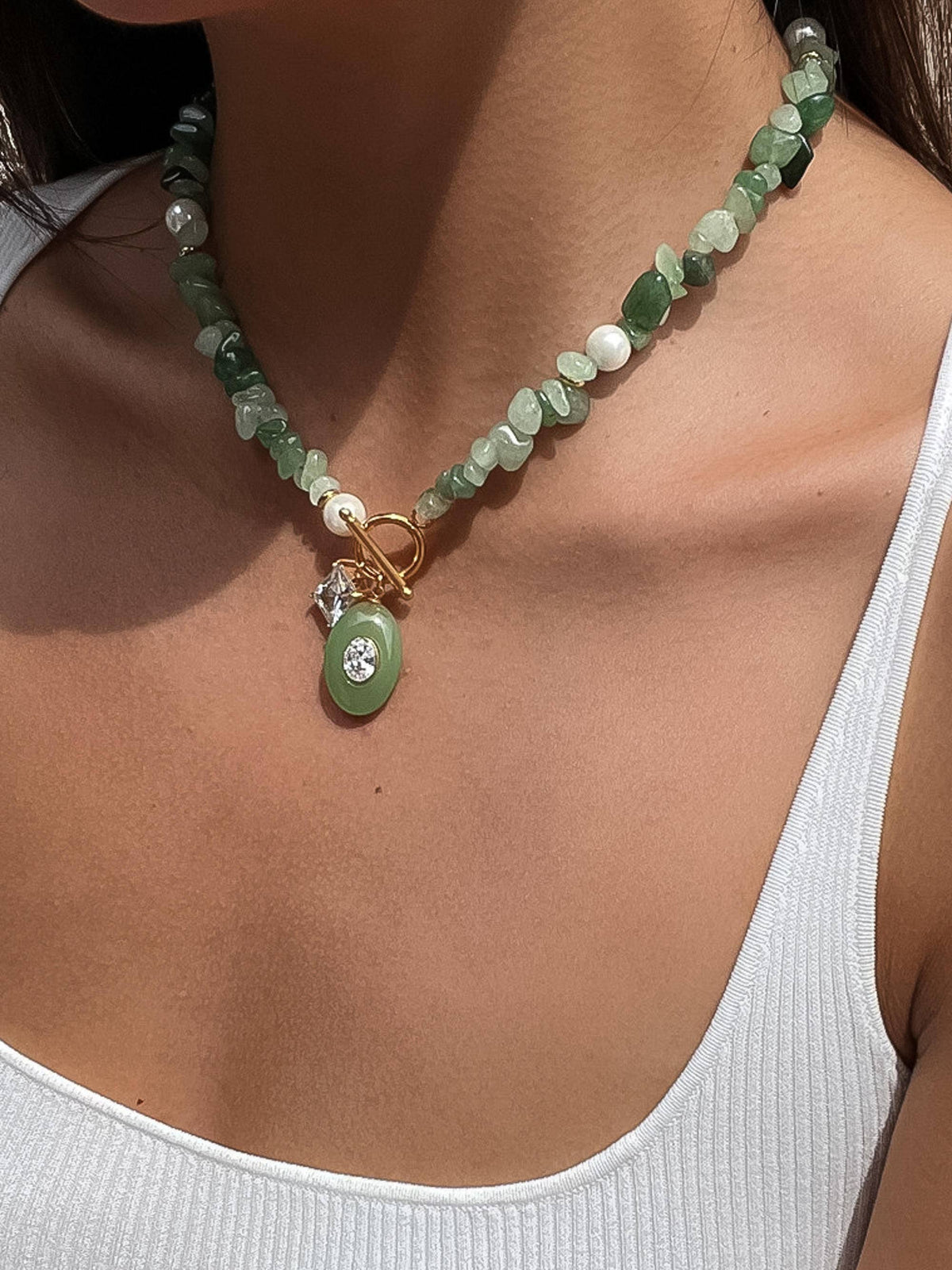 Cercey 18K Gold Non-Tarnish Stone Charm Necklace: Green