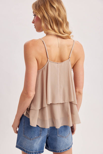 Audra Lace Trimmed V-Neck Layer Camisole Top: Beige