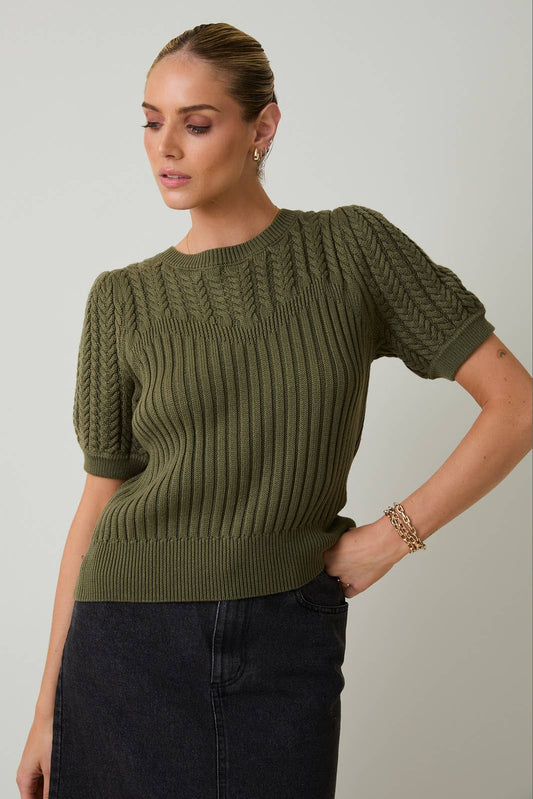Cypress Short Sleeve Cable Sweater: Olive