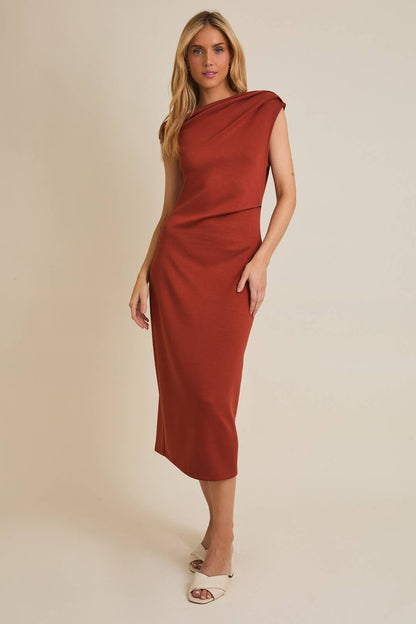 Ophelia One Shoulder Sleeveless Midi Dress: Rust