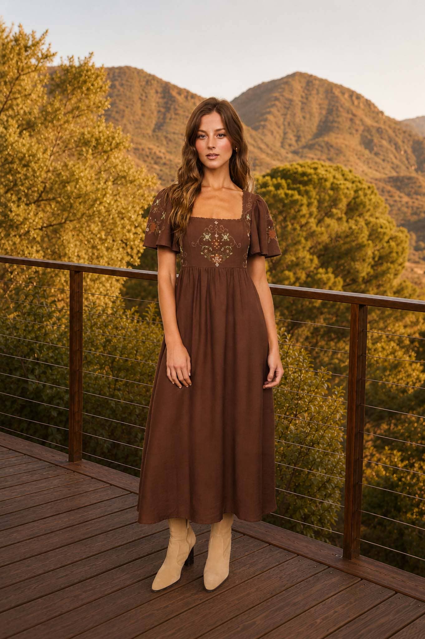 Fable Detail Bell Sleeve Midi Dress: Chocolate Brown