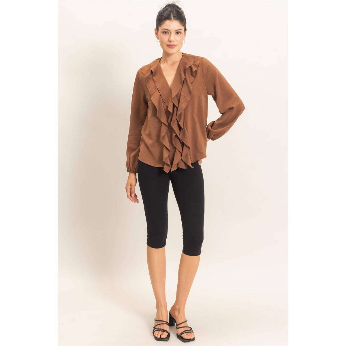Ruffled V-Neck Button-Up Blouse: TEAL / S-M-L(2-2-2)