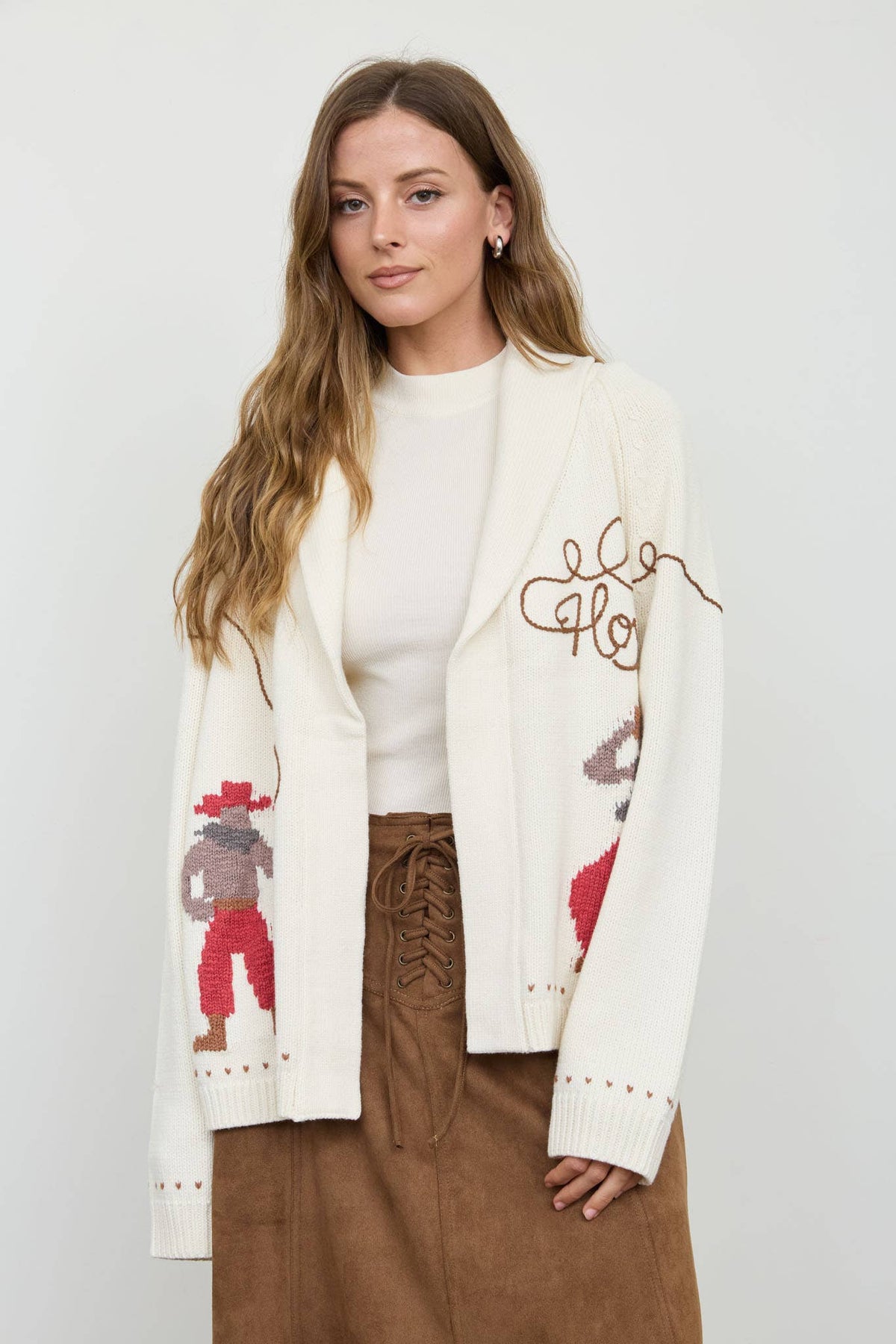 Lottie Howdy Cowboy Shawl Collar Knit Cardigan: Cream