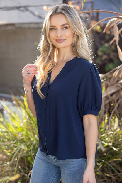 Prescott Button Down Solid Puff Sleeve Top: Navy