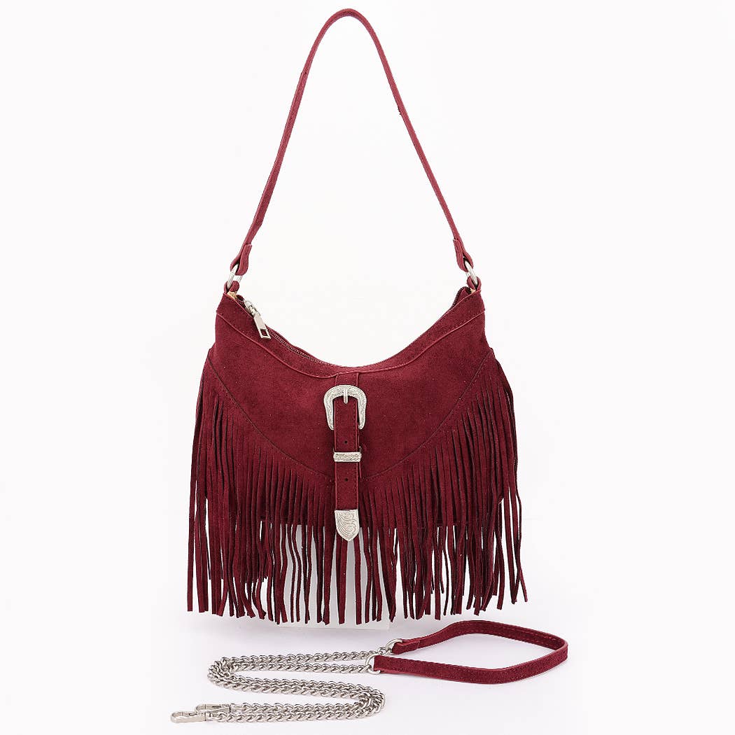 Faux suede Metal Buckle Fringe Bag: BUR