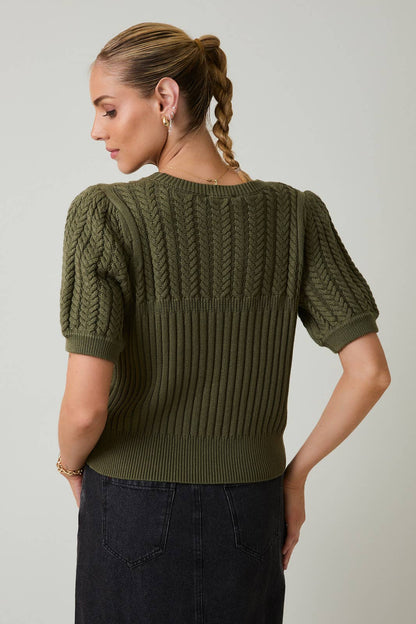 Cypress Short Sleeve Cable Sweater: Olive