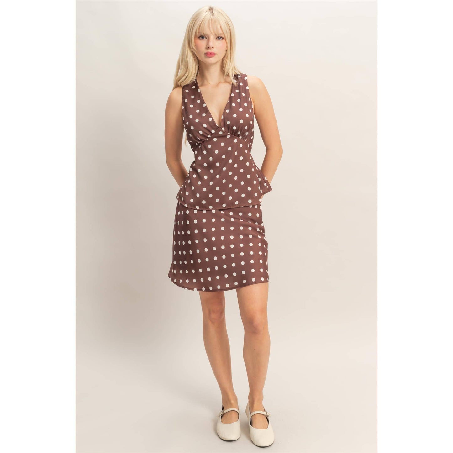 Lola Polka Dot V-Neck Satin Top: CHOCOLATE
